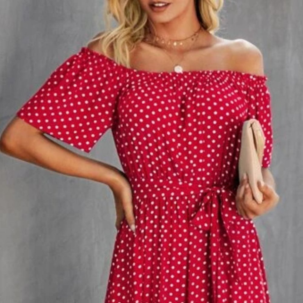 Boho polka-dot shoulder ruffle maxi dress red - Picture 4 of 6